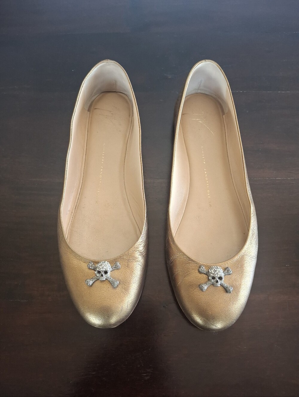 GIUSEPPE ZANOTTI Gold Ballet Flats with Rhinestone Skull Accent - Size EU 39.5